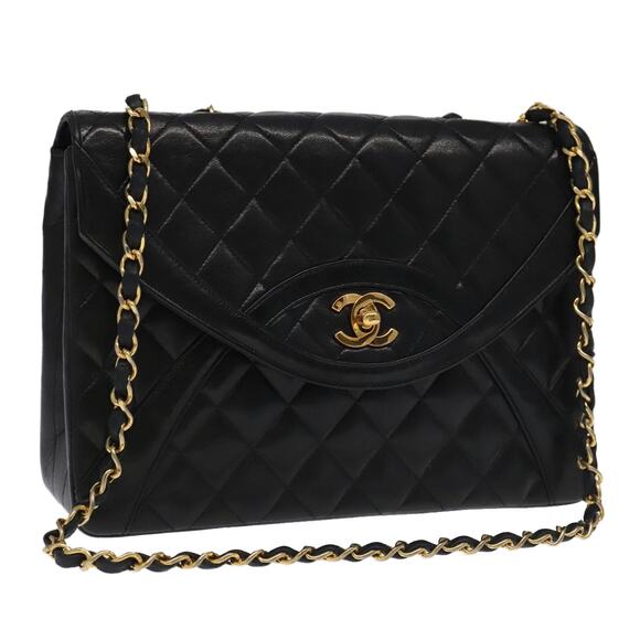 CHANEL Matelasse Chain Hand Bag Lamb Skin Black Gold CC - Picture 1 of 16